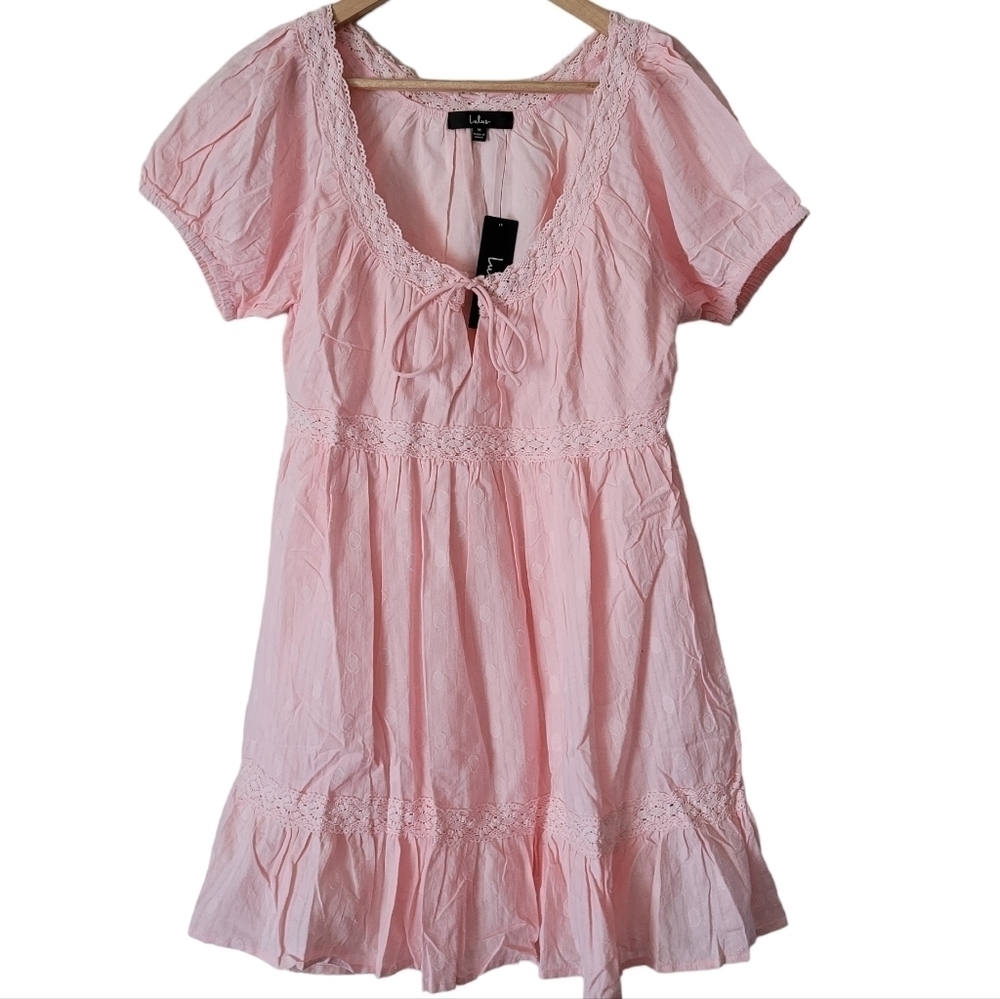 Lulus So Darling Light Pink Dotted Short Sleeve Mini Dress Medium